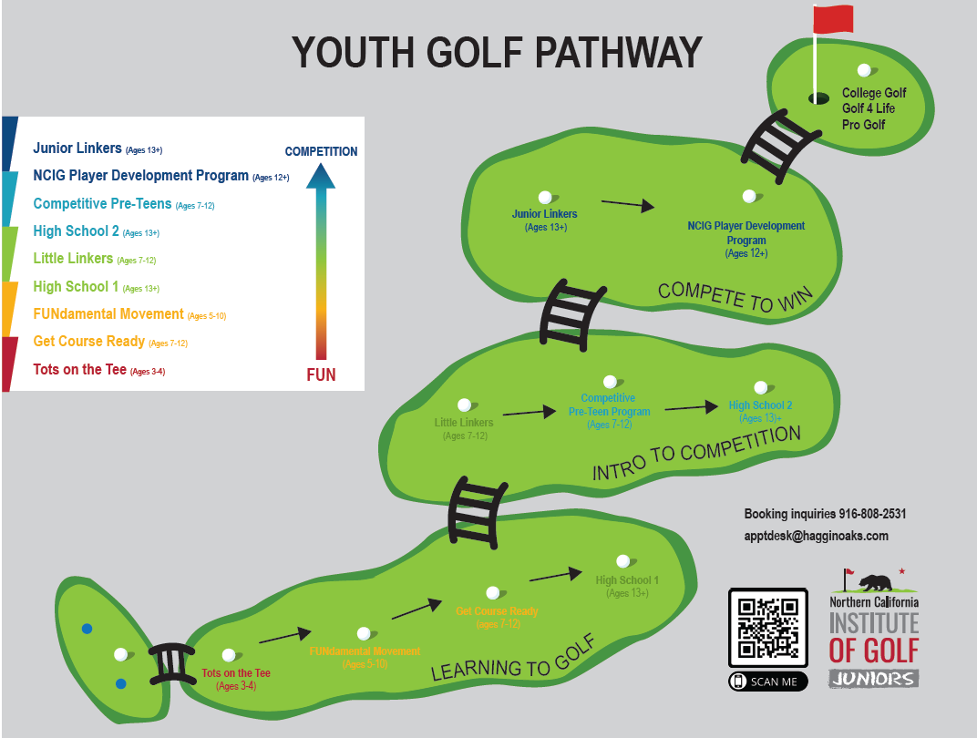 grey background with green golf holes and bridges that talk about youth pathway from learning to golf to competitive golf